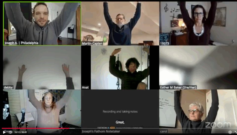 Musicians in a live Tension Reset Lab on Zoom, arms raised in an exercise
